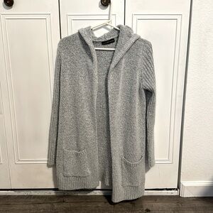 Preloved Cozy Gray Cardigan with Hood and Pockets, Fits Small to Large